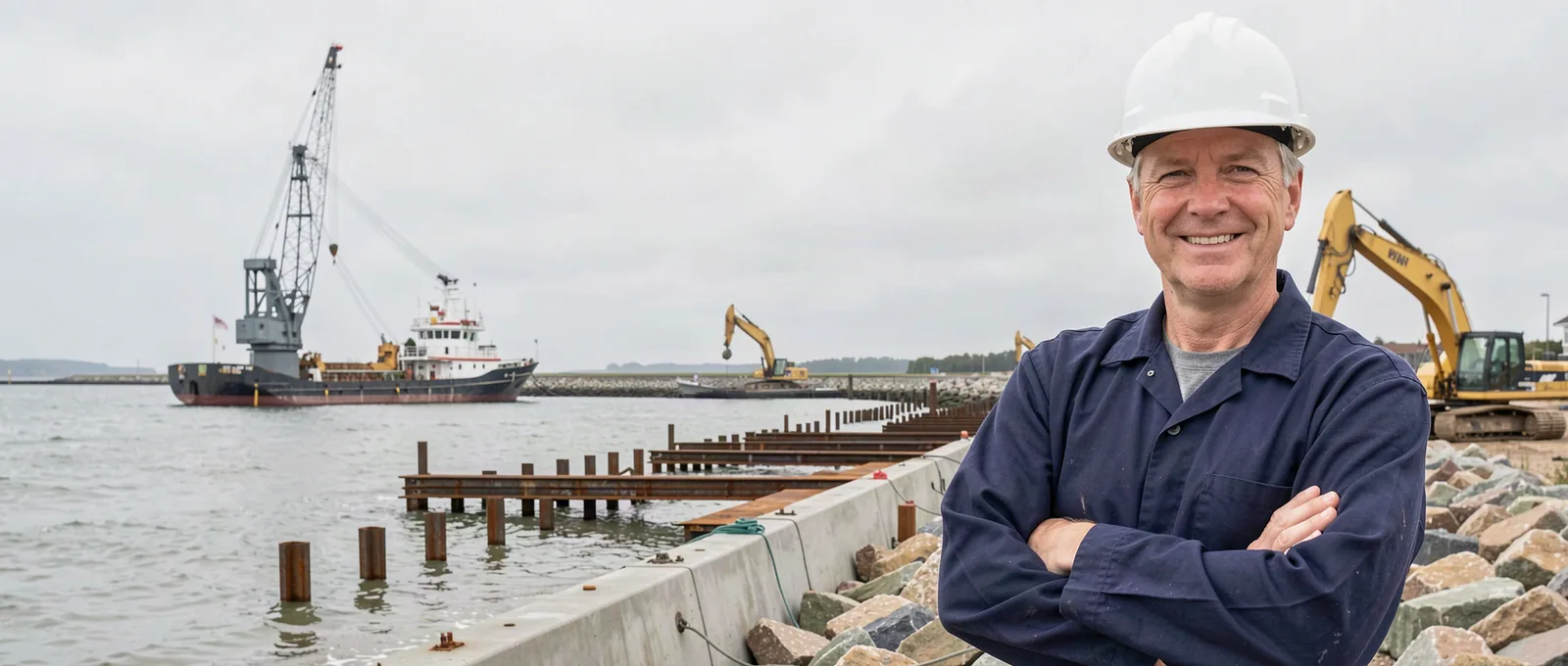 Seawall repair contractor on a job site in Galveston, TX